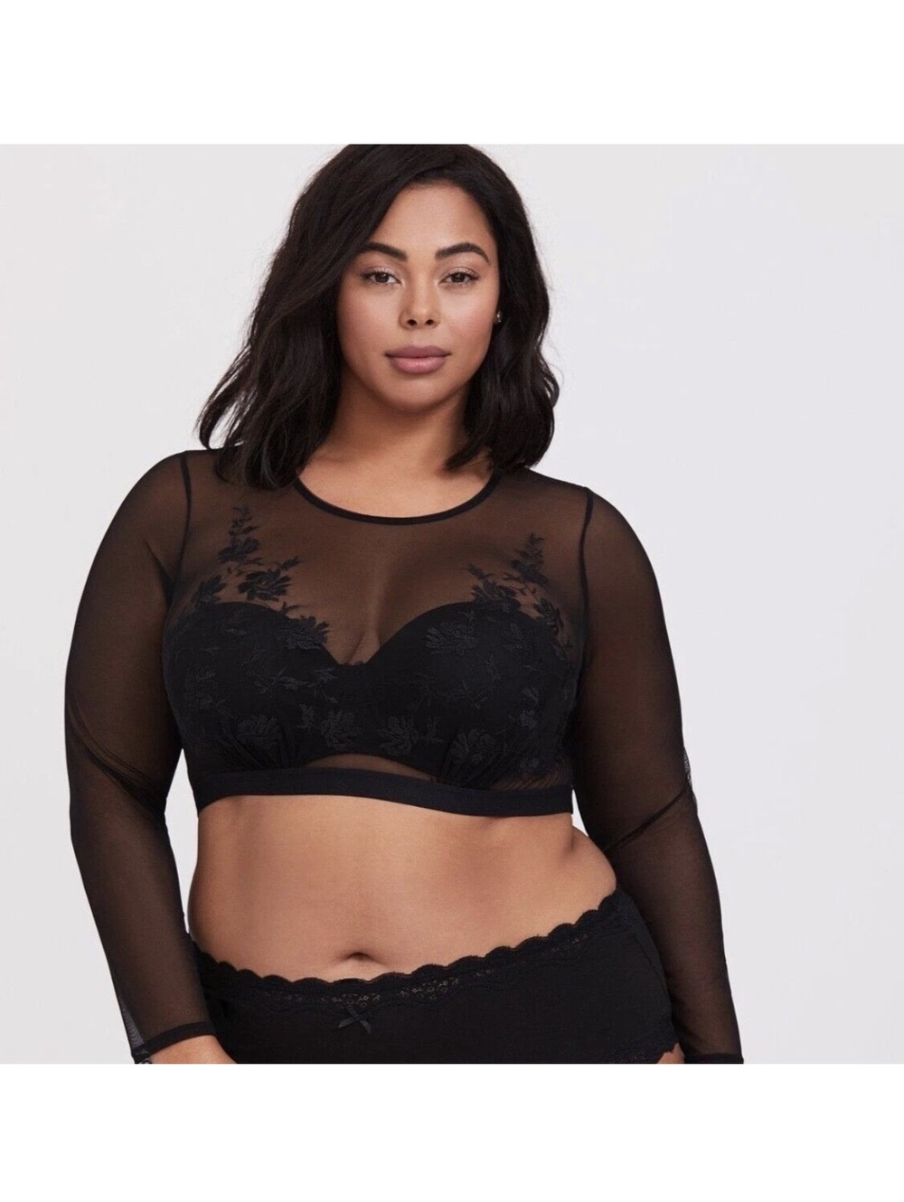 Torrid Curve Womens 1 1X Black Sheer Mesh Floral Embroidered Top Long Sleeve